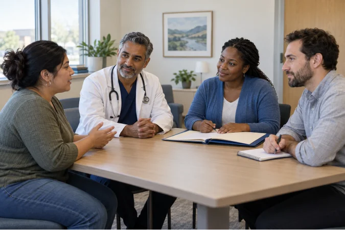 A physician and care team meet with a patient’s family