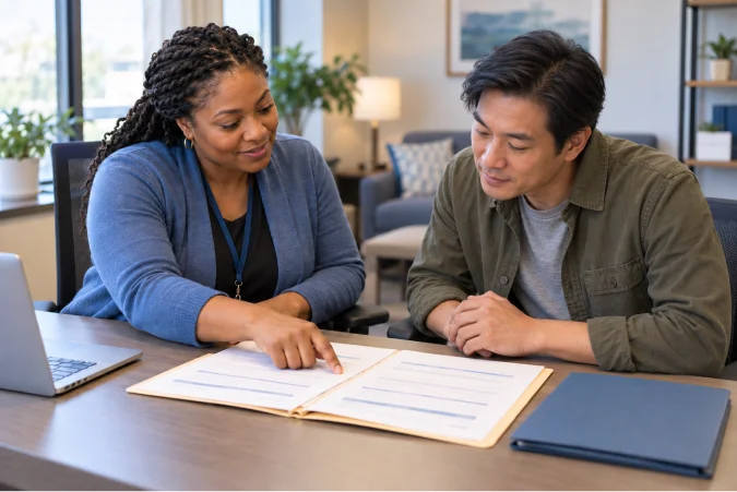 A counselor reviews a care plan with a client