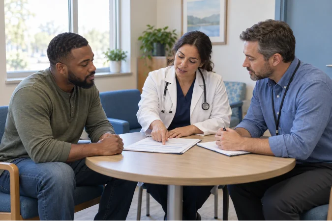 A physician and case manager meet with a client