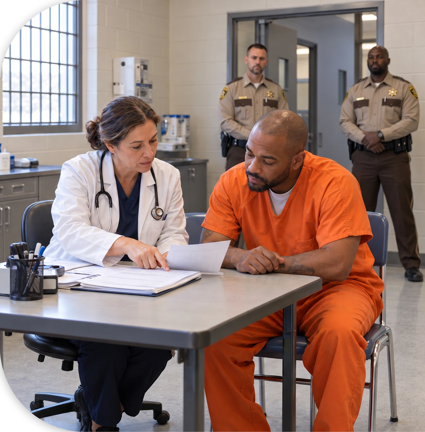 A physician reviews medical records with a patient while officers stand by